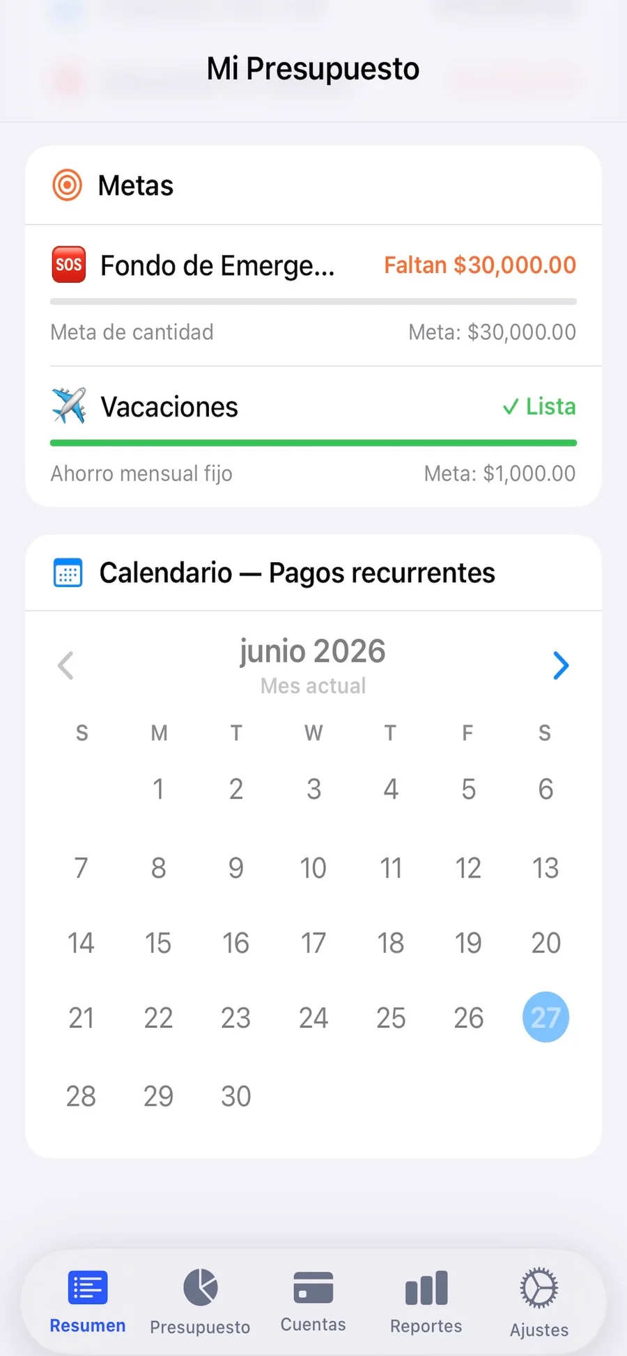Sobres — pantalla de Calendario
