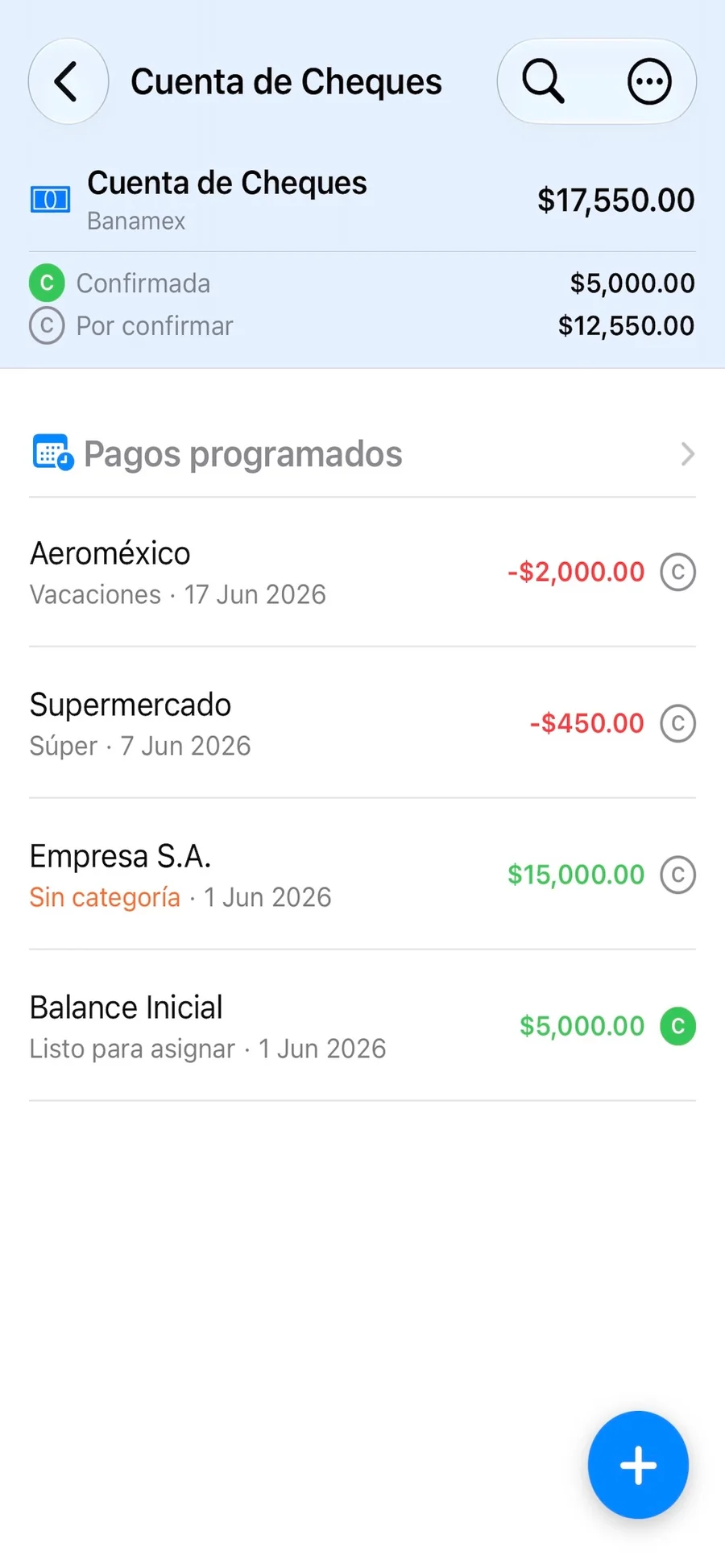 Sobres — pantalla de Movimientos