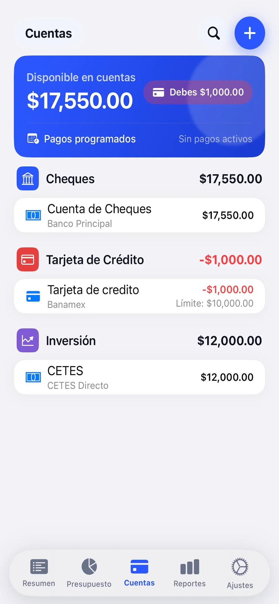 Sobres — pantalla de Cuentas