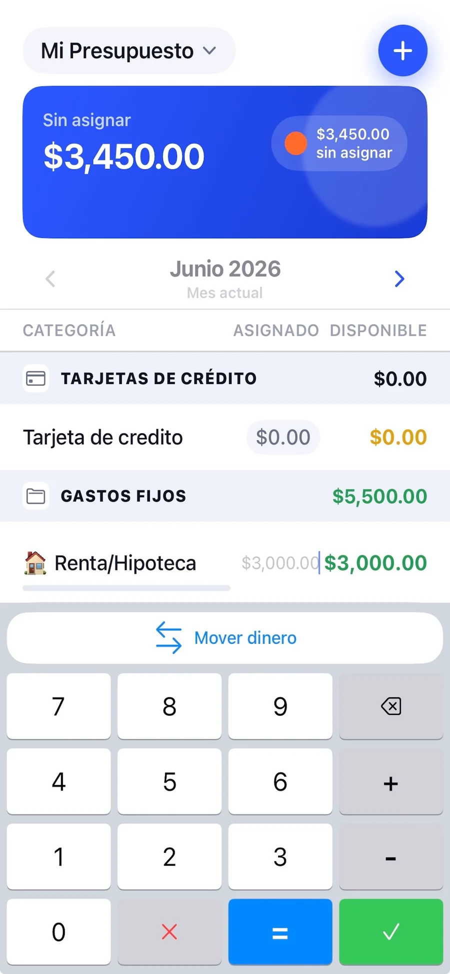 Sobres — pantalla de Mover dinero