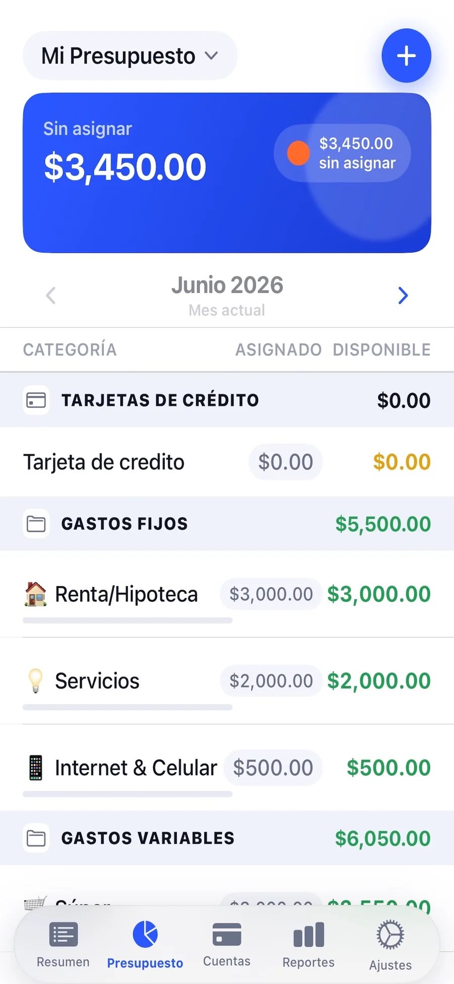 Pantalla de Presupuesto de Sobres, con los sobres del mes y su disponible