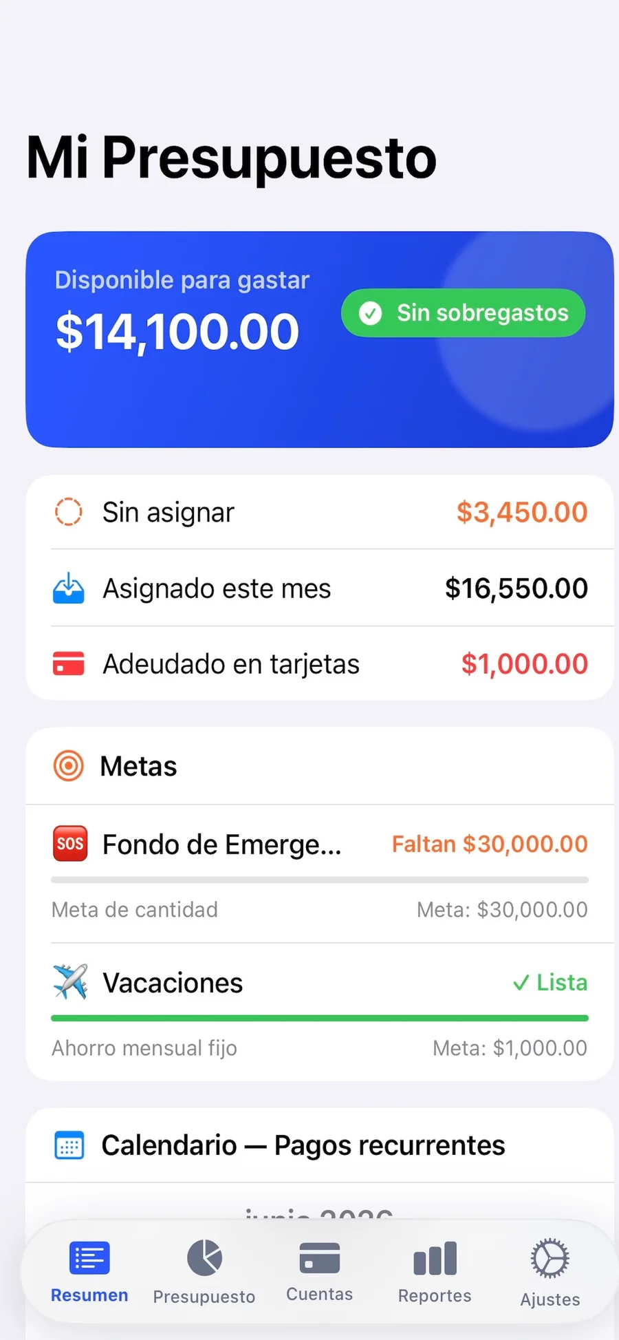 Pantalla de Resumen de Sobres, con el disponible para gastar del mes y las metas