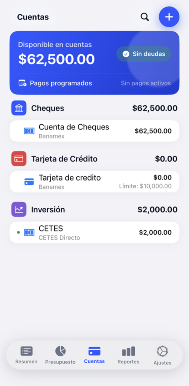 Pestaña Cuentas: tarjeta superior con «Disponible en cuentas $62,500.00» y las cuentas agrupadas por tipo (Cheques, Tarjeta de Crédito, Inversión) con sus saldos.