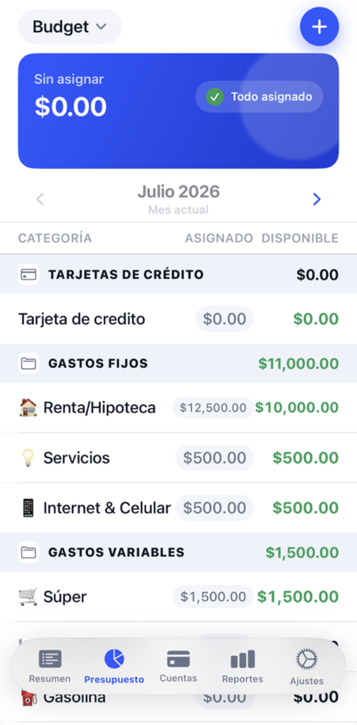 Pestaña Presupuesto: arriba «Sin asignar $0.00 · Todo asignado» y el mes; abajo las categorías por grupo (Gastos Fijos, Gastos Variables) con sus columnas Asignado y Disponible.