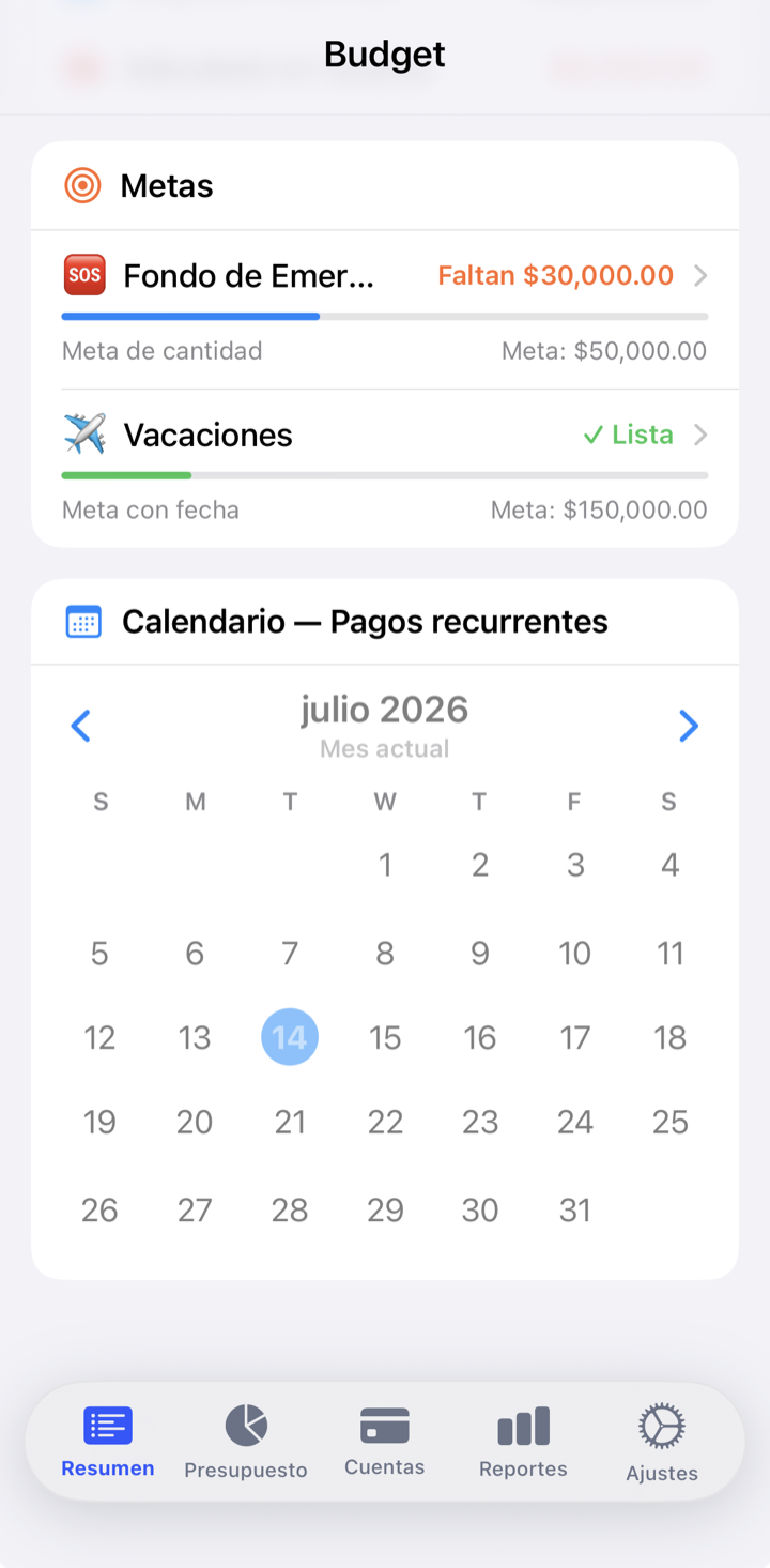 Parte inferior de Resumen: las metas con barra de progreso y el «Calendario — Pagos recurrentes» de julio 2026.