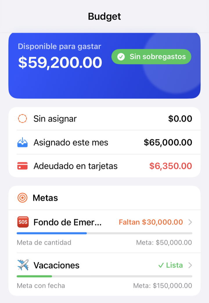 Sección «Metas» en la pestaña Resumen: «Fondo de Emergencia» con barra de progreso azul y «Faltan $30,000.00», y «Vacaciones» con barra verde y «Lista».